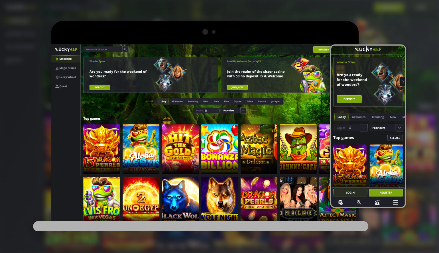 LuckyElf Casino lobby — slots and game selection